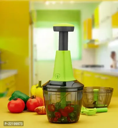 GRECY Push Chopper Combo Container with Common LID 500ML  950ML, 6 S S Blade + 3 S S Blade + 1 Plastic Whisker - Green