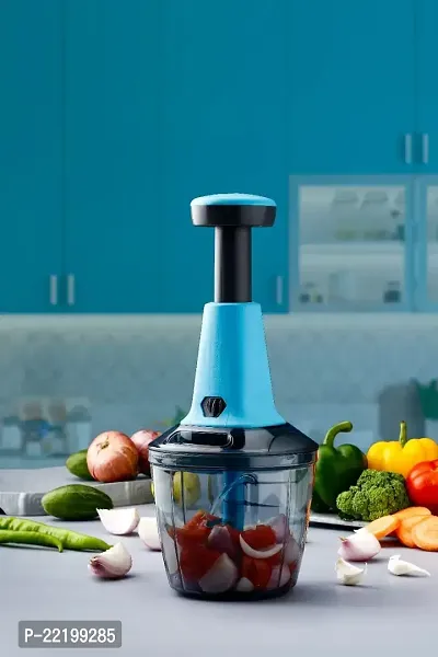 GRECY Manual Push Chopper for Vegetables  Fruits, Hand Press Chopper with Lock  Unlock System 6 S S Blade + 1 Plastic Blade + 1 Plastic Whisker 950ml - Blue-thumb4