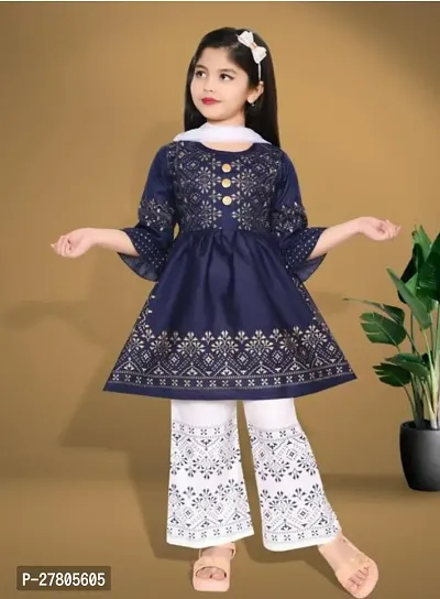 Alluring Navy Blue Rayon Printed Kurta with Palazzo And Dupatta Set For Girls