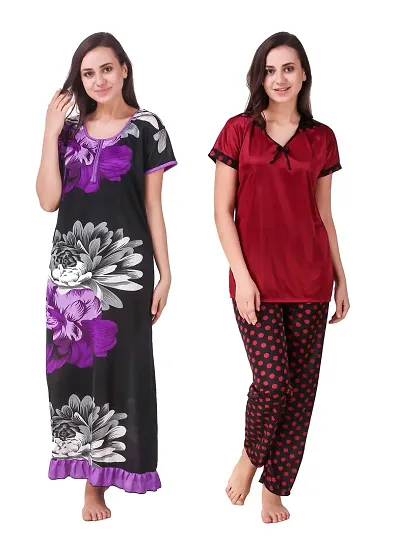 KEOTI Satin Floral Print Night Suit & Night Gown/Maxi Set - Pack of 2