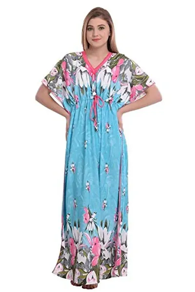 FNK Style Satin Floral Print Sexy Kaftan Night Dress for Women Sleep Wear Night & Honeymoon