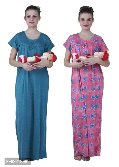 KEOTI Women's Hosiery Printed Feeding Gown-Combo of 3(Size:Medium ||Color:Blue,Peach)