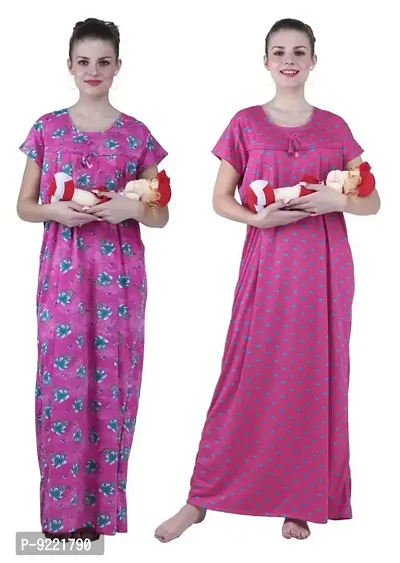 KEOTI Women's Hosiery Printed Feeding Gown-Combo of 3(Size:Small ||Color:Pink,Pink)