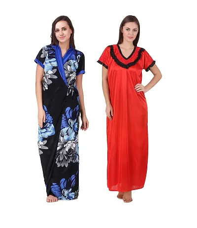 KEOTI Satin Nighty Gown/Maxi with Printed Robe - Pack of 2