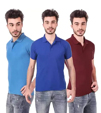 KEOTI Poly Cotton Polo Collar & Plain Comfort Fit T-Shirt for Mens - Pack of 3