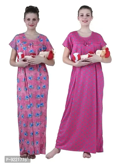 KEOTI Women's Hosiery Printed Feeding Gown-Combo of 3(Size:Small ||Color:Peach,Pink)