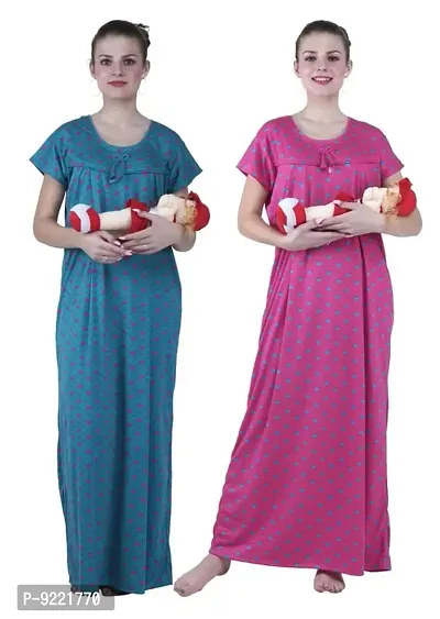KEOTI Women's Hosiery Printed Feeding Gown-Combo of 3(Size:Large ||Color:Blue,Pink)