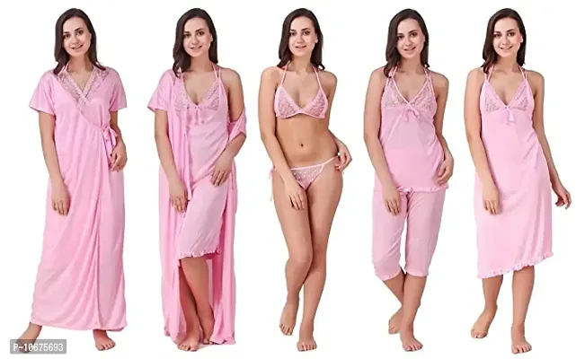 Women Satin Plain Solid Nightwear Set Pack of 6-thumb0