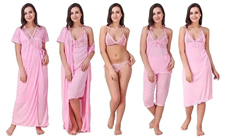 FNK Style Satin Soft Sexy Night Gown Set with Nighty Maxi Top Lower Babydoll with Robe for Women Sleep Wear for Wedding Night & Honeymoon