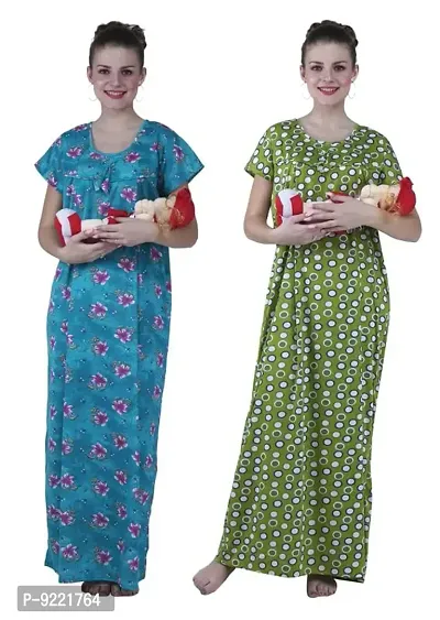 KEOTI Women's Hosiery Printed Feeding Gown- Combo of 3(Size:Small ||Color:Blue,Green)