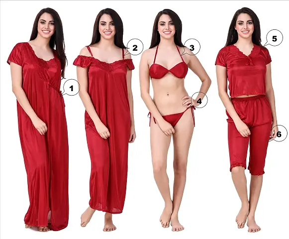 Set Pack of 6 KEOTI Womens Satin Plain/Solid Nightwear