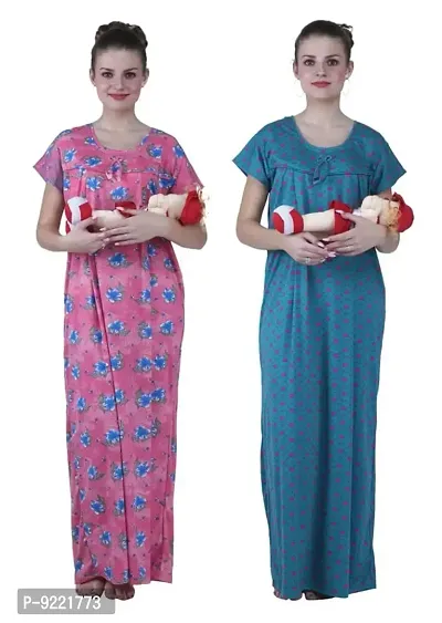 KEOTI Women's Hosiery Printed Feeding Gown-Combo of 3(Size:Large ||Color:Peach:Blue)
