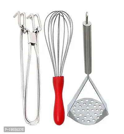 DreamBasket Stainless Steel Pakkad/Utility Tong  Egg Whisk/Egg Beater  Potato Masher/Vegetable Masher for Kitchen