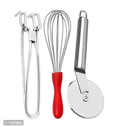 DreamBasket Stainless Steel Pakkad/Utility Tong  Egg Whisk/Egg Beater  Pizza Cutter for Kitchen