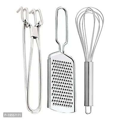 DreamBasket Stainless Steel Cheese Grater/Coconut Grater  Pakkad/Utility Tong  Egg Whisk/Egg Beater for Kitchen Tool