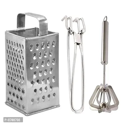 Stainless Steel 8 in 1 Grater/Slicer  Pakkad / Utility Tong  Mathani / Power Free Hand Blender for Kitchen-thumb0