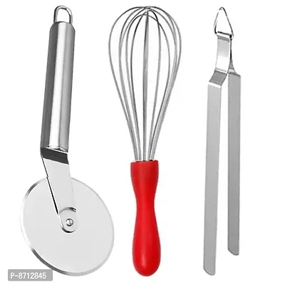 DreamBasket Stainless Steel Pizza Cutter  Egg Whisk  Roti Chimta for Kitchen Tool Set-thumb0