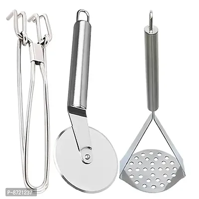 DreamBasket Stainless Steel Pakkad / Utility Tong  Pizza Cutter  Potato Masher / Vegetable Masher for Kitchen-thumb0