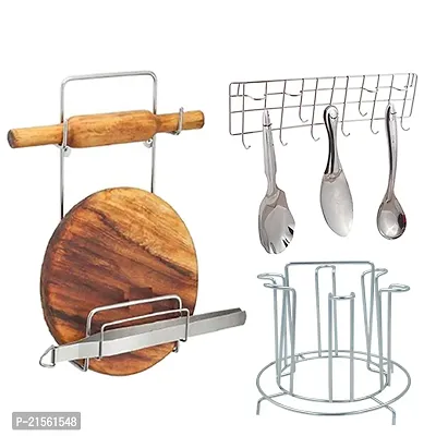 DreamBasket Stainless Steel Chakla Belan Stand  Glass Stand/Glass Holder  Wall Mounted Hook Rail for Kitchen