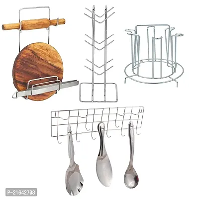 DreamBasket Stainless Steel Chakla Belan Stand  Cup Stand/Cup Holder  Glass Stand/Glass Holder  Hook Rail for Kitchen