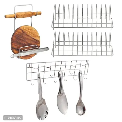 DreamBasket Stainless Steel Plate Stand/Dish Rack(Pack of 2)  Chakla Belan Stand  Hook Rail for Kitchen