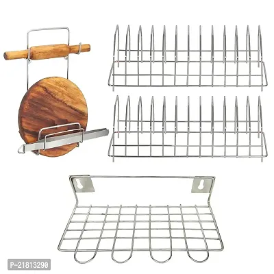 DreamBasket Stainless Steel Plate Stand/Dish Rack(Pack of 2)  Chakla Belan Stand  Wall Mounted Ladle Stand for Kitchen