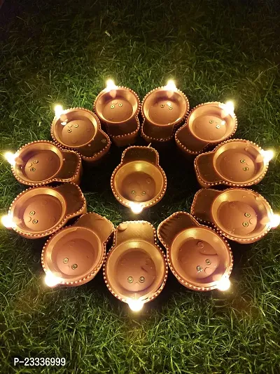 Water Sensor Diya No Electricity Needed, Artificial Flameless Candle Panti Best For Decorations For All Occasions Ganapati Navratri Diwali Wedding Party (Brown, Set Of 12)-thumb0