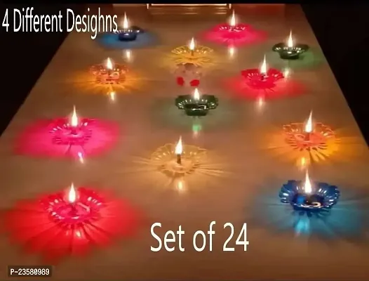 SSECC - 4 different desighns Designer Transparent Diya Deepak 3D Reflection Diya Combo Special Reusable Colourful Decorative Diwali Oil Diya for Decoration , (Set of 24 , Multicolor)