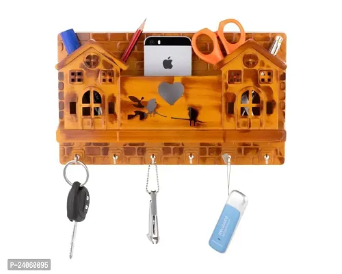 Wooden Design Plastic Key Holder for Home 3 Pocket 6 Hook Mobile Stand Key Holder