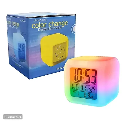 7 Colour Changing LED Digital Alarm Clock Table Watch with Date Time Temperature for Office Bedroom Multicolor ,Plastic-thumb0