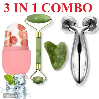 Ice Roller,Face Stone Roller Massager With Gua Sha Jade Roller Stone  3D Massager Roller Set Facial Combo For Skin Eye Body Ice Cube (Ice Roller + Stone Roller + 3D Roller)-thumb0