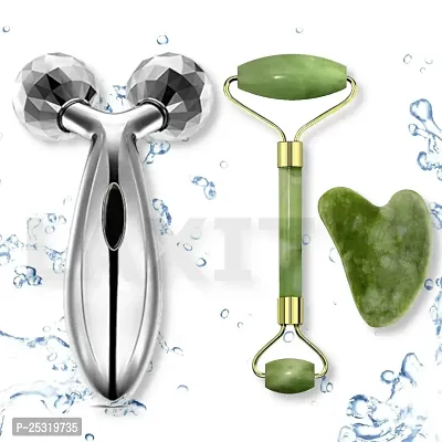 Face Stone Jade Roller Massager with Gua Sha Jade Stone and 3D Roller Facial Combo For Skin Eye Body 3D Massager Women Men Reusable