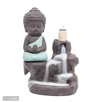 Incense Burner Backflow Tower Cones Sticks Holder Ceramic Porcelain Buddha Monk Ash Catcher- Green