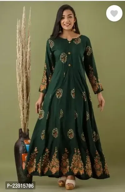 Attractive Green Printed Rayon Anarkali Kurta For Women