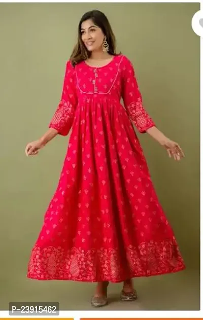 Attractive Pink Printed Rayon Anarkali Kurta For Women