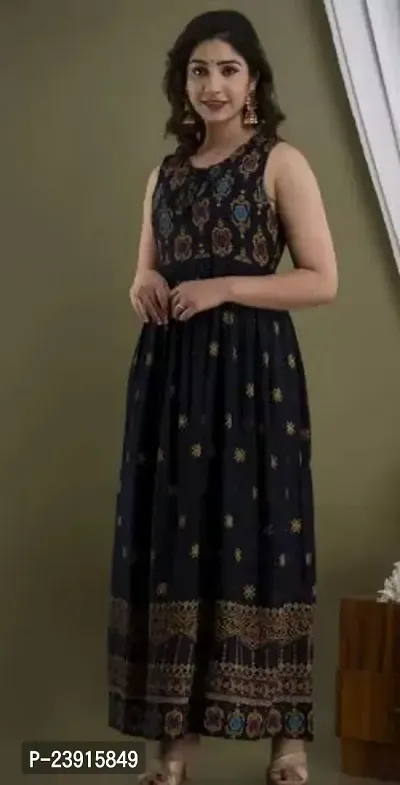 Attractive Black Printed Rayon Anarkali Kurta For Women