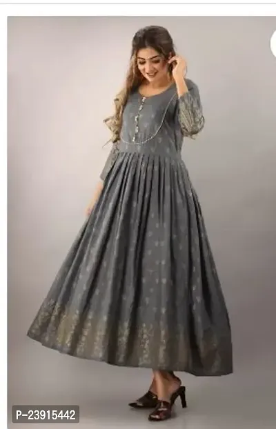 Attractive Grey Printed Rayon Anarkali Kurta For Women-thumb0