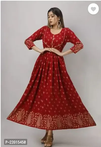 Attractive Red Printed Rayon Anarkali Kurta For Women-thumb0