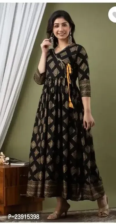 Attractive Black Printed Rayon Anarkali Kurta For Women-thumb0