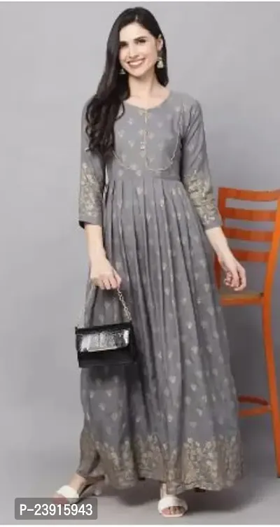 Attractive Grey Printed Rayon Anarkali Kurta For Women-thumb0