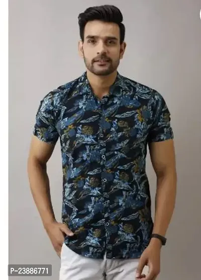 Reliable Blue Cotton Printed Short Sleeves Casual Shirts For Men-thumb0