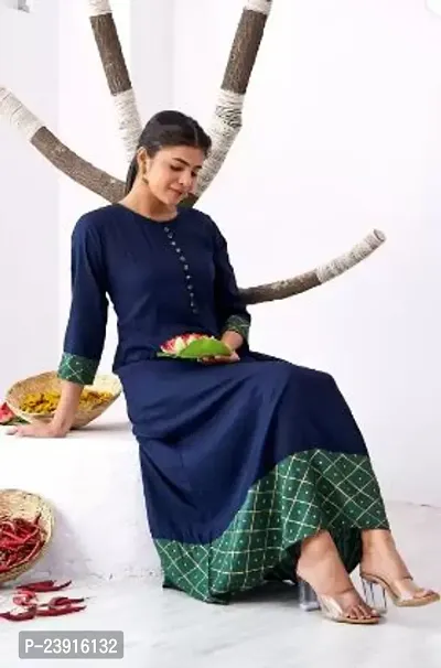 Attractive Blue Printed Rayon Anarkali Kurta For Women-thumb0