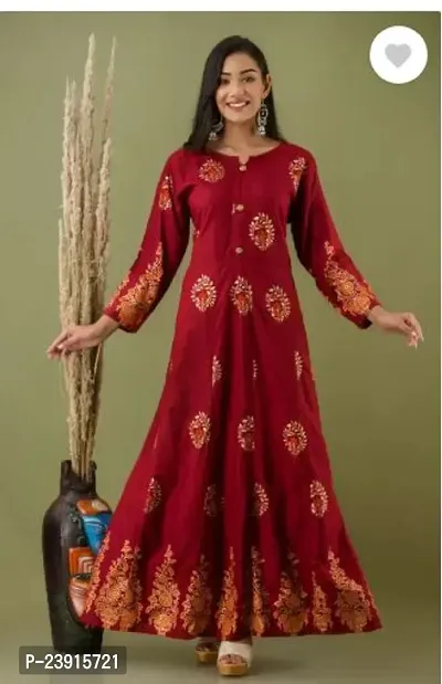 Attractive Red Printed Rayon Anarkali Kurta For Women