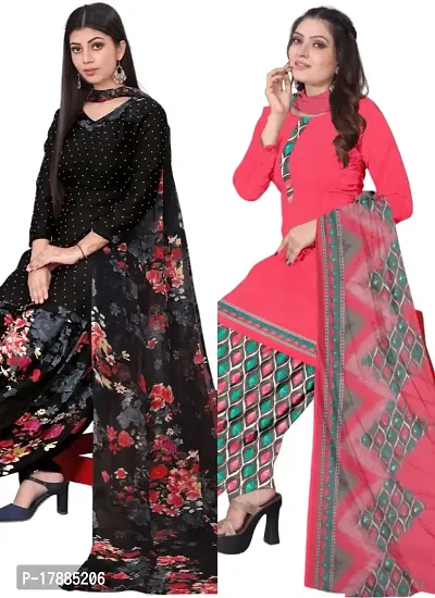 Black  Pink Crepe Printed Dress Material with Dupatta For Women (Combo pack of 2)-thumb0