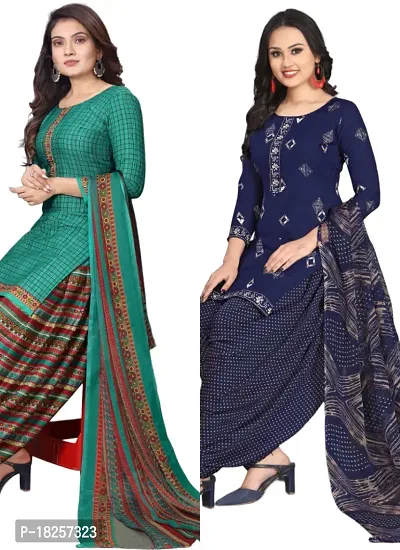 Turquoise  Navy Blue Crepe Printed Dress Material with Dupatta For Women (Combo pack of 2)