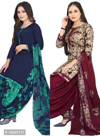 Blue  Beige Crepe Printed Dress Material with Dupatta For Women (Combo pack of 2)