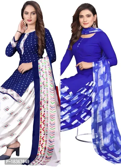 Navy Blue  Blue Crepe Printed Dress Material with Dupatta For Women (Combo pack of 2)-thumb0