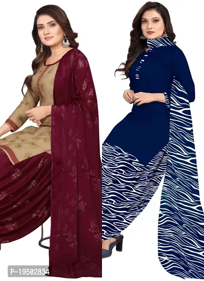 Beige  Navy Blue Crepe Printed Dress Material with Dupatta For Women (Combo pack of 2)