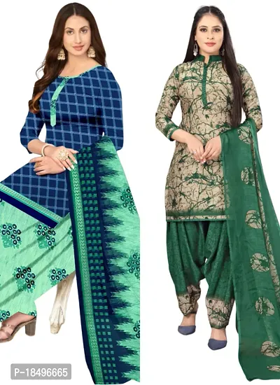 Blue  Beige Crepe Printed Dress Material with Dupatta For Women (Combo pack of 2)