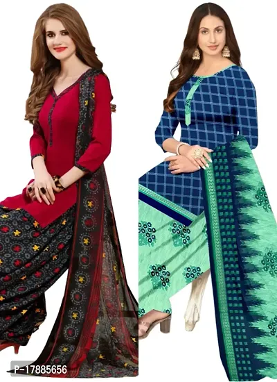 Red  Blue Crepe Printed Dress Material with Dupatta For Women (Combo pack of 2)